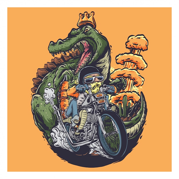 old biker with dinosurs apocalypse