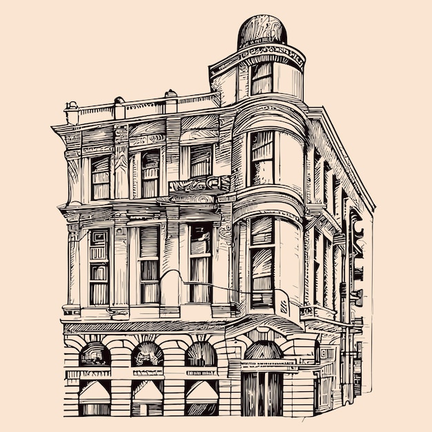 Vector old building corner retro hand drawn sketch houses illustration