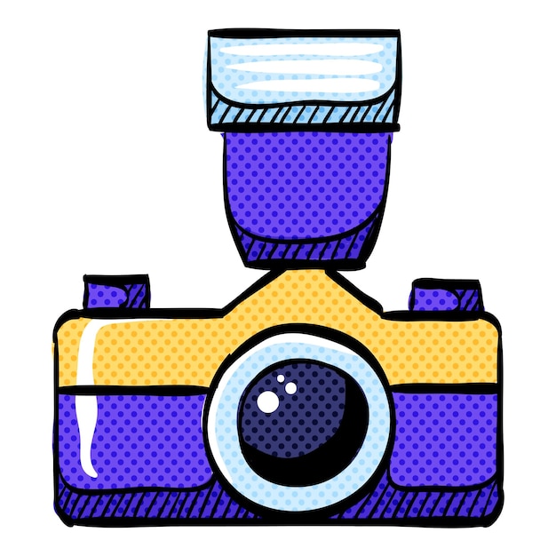 Old camera halftone icon hand drawn color vector illustration