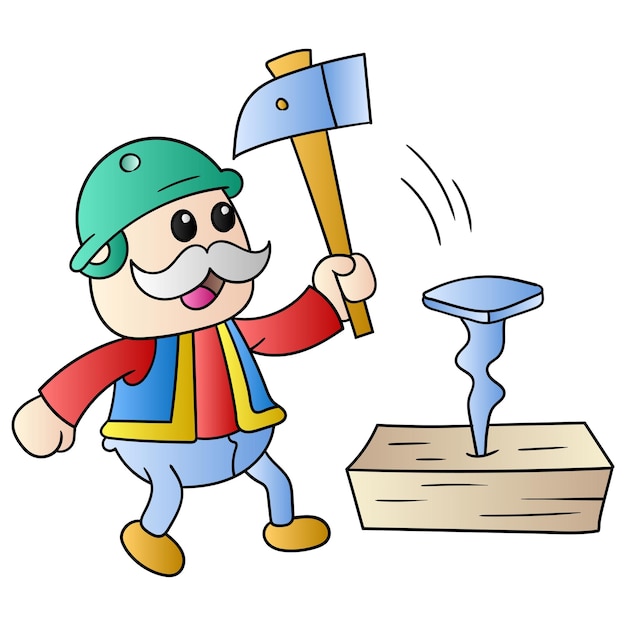 The old carpenter is hitting the nails in the wood with a hammer, vector illustration art. doodle icon image kawaii.