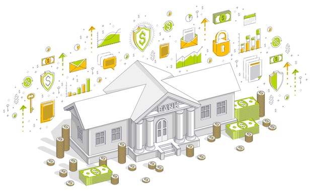 Old cartoon bank building with cash money dollar pile and cent stack cartoon isolated over white background. Isometric vector finance illustration with icons, stats charts and design elements.