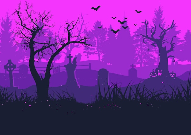 Old cemetery, halloween background, scary trees, bats, tombstones