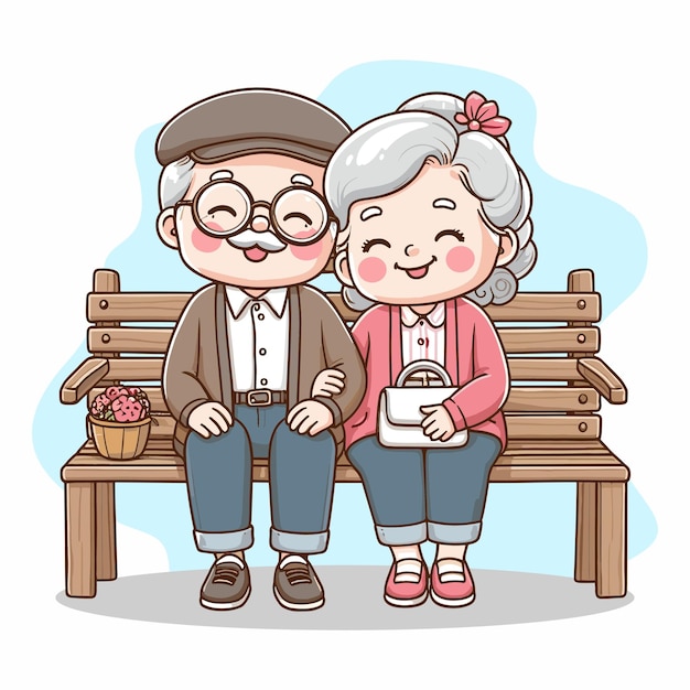 an old couple sit on a bench with a basket of flowers