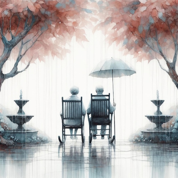 Vector old couple sitting on rocking chair under trees