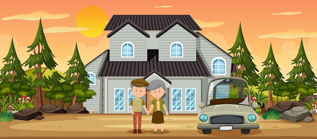 Old couple standing in front of the house