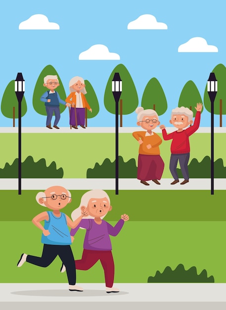 Old couples in the park scenes active seniors characters