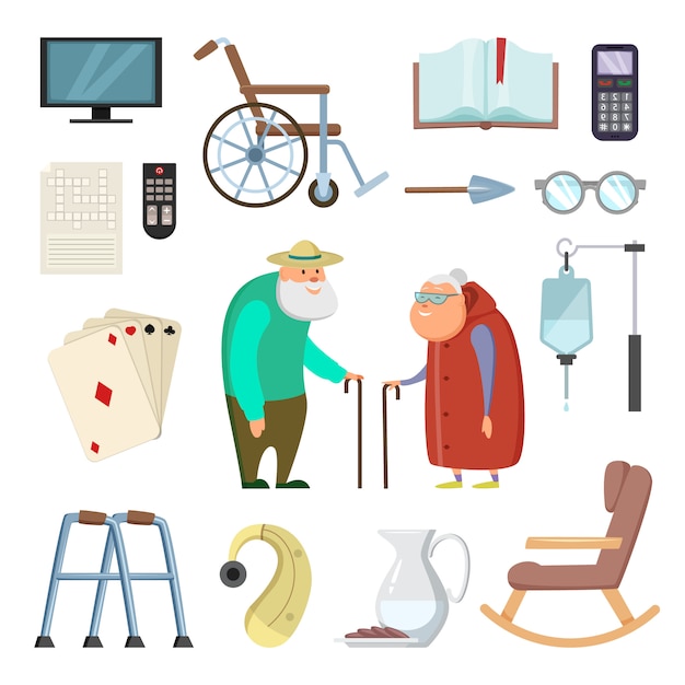 Old couples with different assistants tools for healthy life