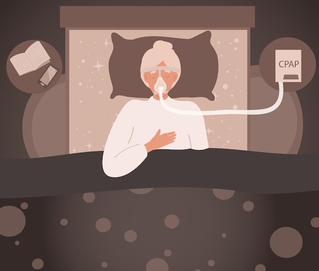 Old, elder Woman in mask sleeping with CPAP machine, concept of sleep apnea