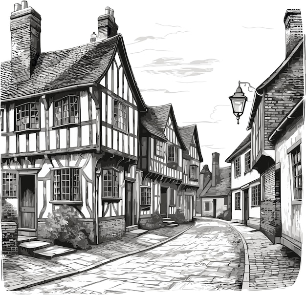 Old english or european town engraving black and white vector illustration