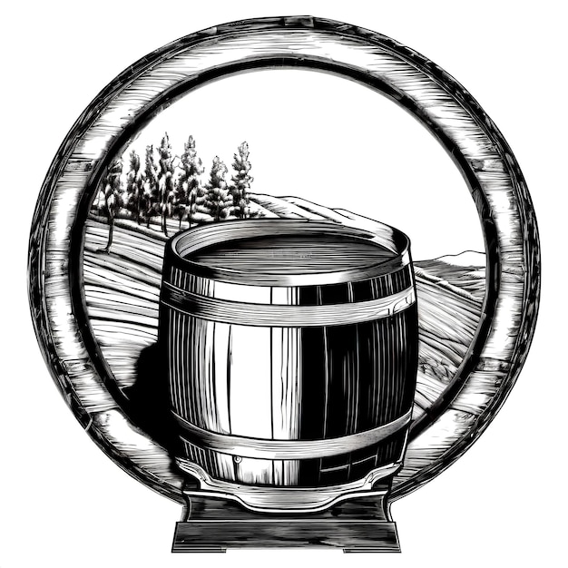 Vector old engraving style beer barrel in forest