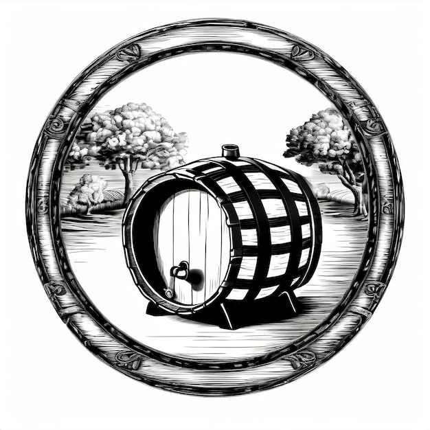 Vector old engraving style beer barrel with scenic background