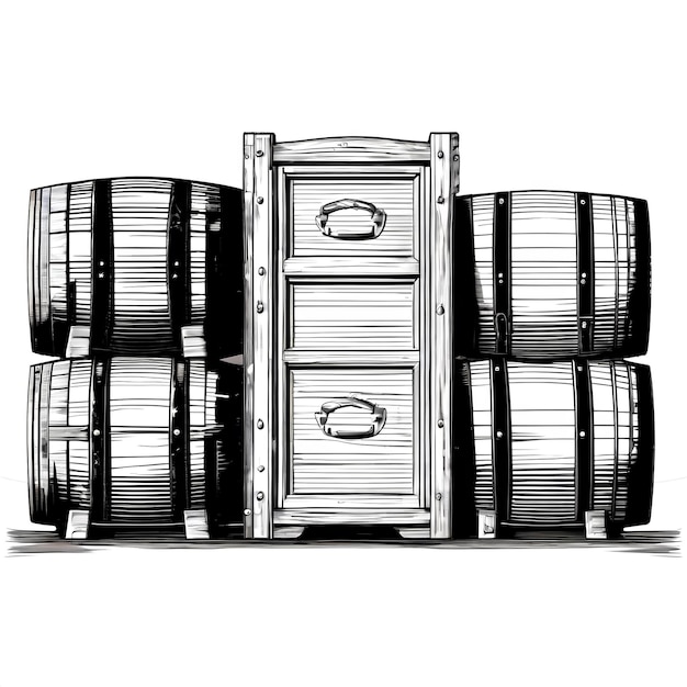 Vector old engraving style beer barrels and crates