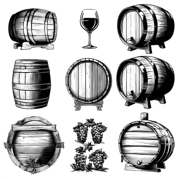 Vector old engraving style beer and wine barrels collection