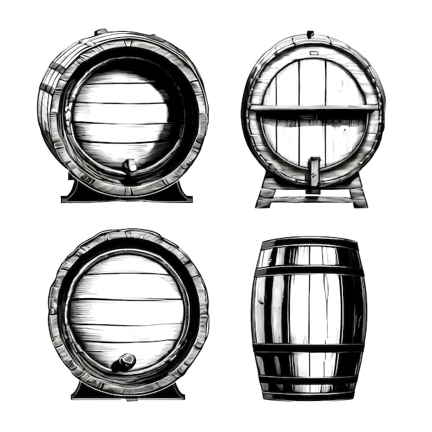 Vector old engraving style various beer barrels