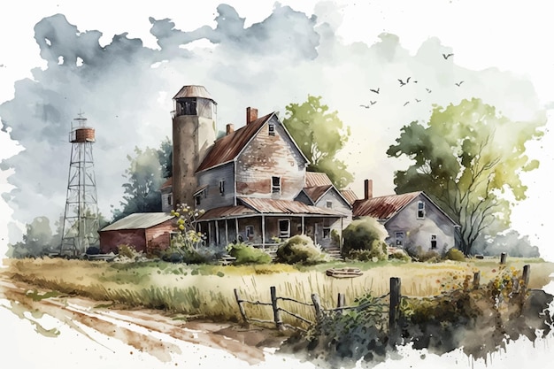 Old farm and fields in countryside. Watercolor hand drawn horizontal vector illustration