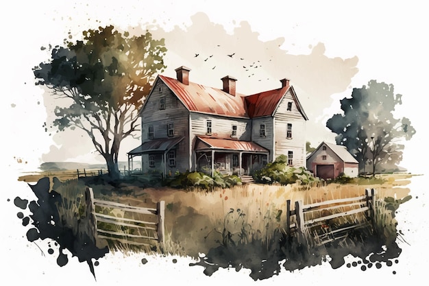 Old farm and fields in countryside. Watercolor hand drawn horizontal vector illustration