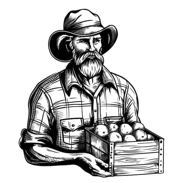 An old farmer with a beard in a hat holds a box with an autumn harvest Figure isolated on white bac