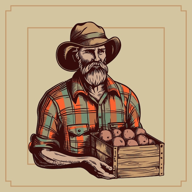 An old farmer with a beard in a hat holds a box with an autumn harvest