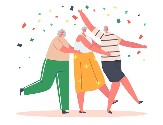 Old Girlfriends Dance Conga Senior Women Stand in Row Hold Each Other with Confetti around Elderly People Sparetime