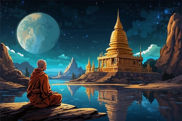 old golden temple with monk and cosmic view art vector