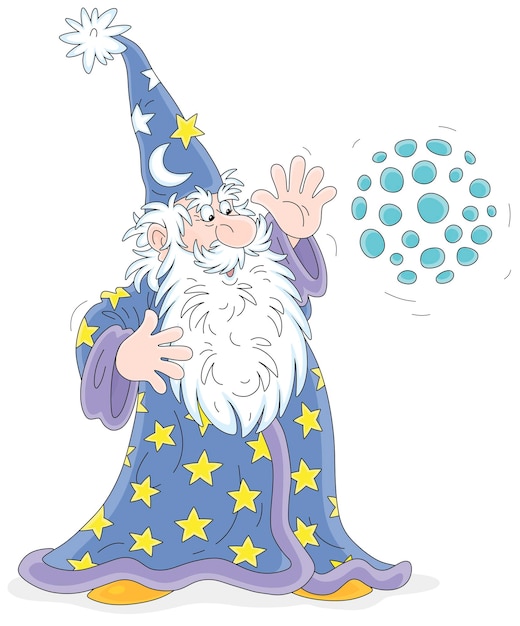 Old good wizard with a big white beard saying mysterious spells and doing tricks with a magic ball