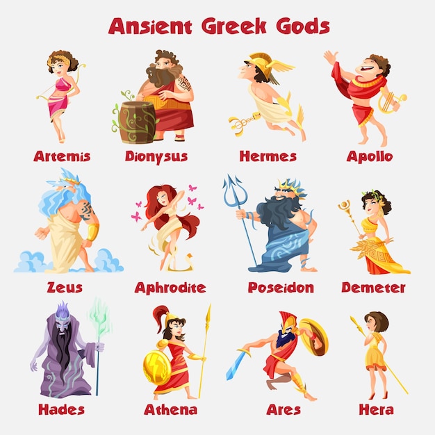 Vector old greek gods cartoon figures set with dionysus zeus poseidon aphrodite apollo athena vector illustration