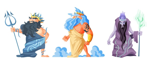 Vector old greek male gods cartoon figures set with zeus poseidon hades vector illustration