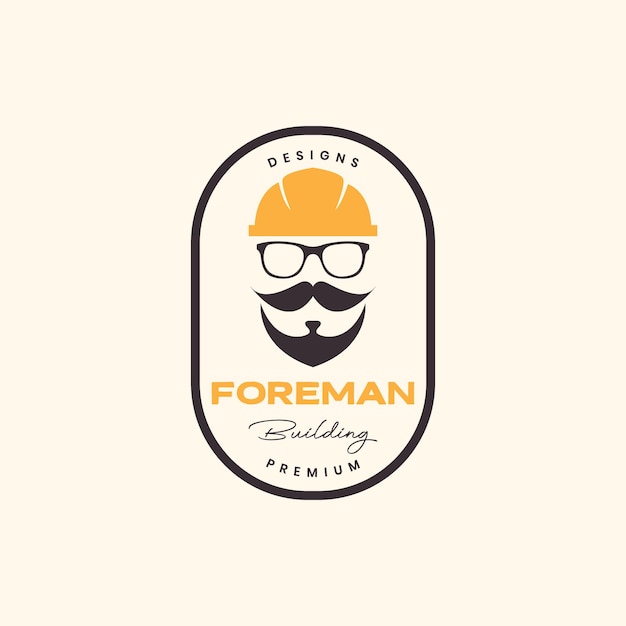 Old guy face foreman building mustache bearded helmet badge vintage logo design vector icon illustration