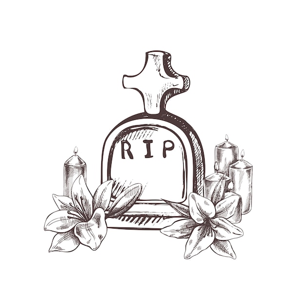 Vector old hand drawn murble stone tombstone with candles and lilies for funeral service card