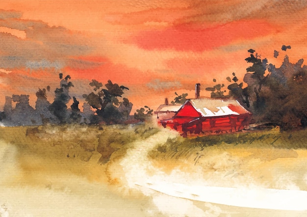 Old home and evening watercolor art