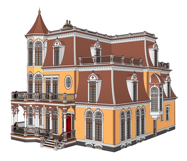 Old house in Victorian style. Illustration on white background. Species from different sides.