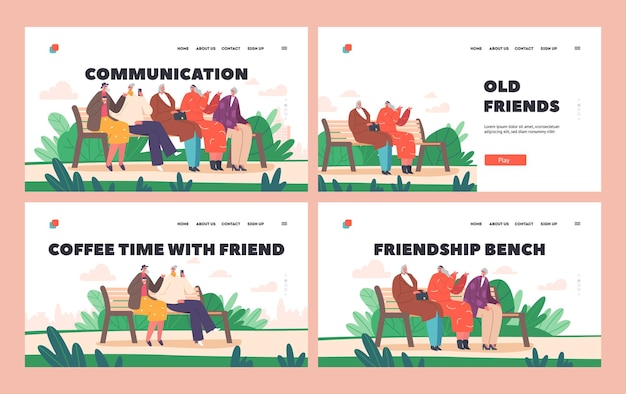 Old Ladies Communication Landing Page Template Senior Female Characters Sitting on Bench in Park or House Yard Chatting