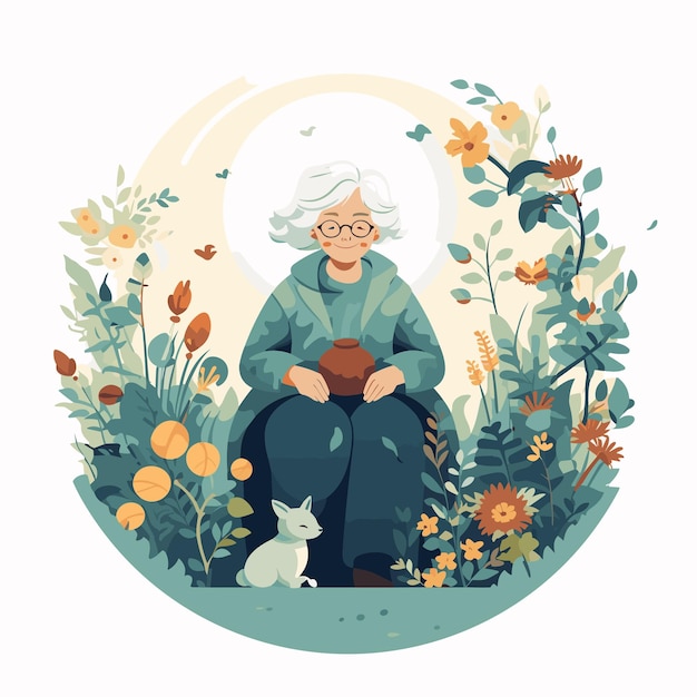 Old lady in a garden surrounded by lush plants and flowers Vector illustration