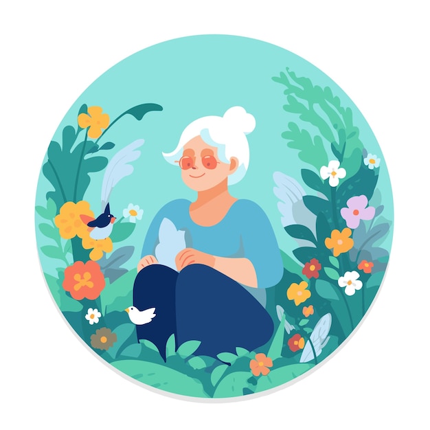 Old lady in a garden surrounded by lush plants and flowers Vector illustration