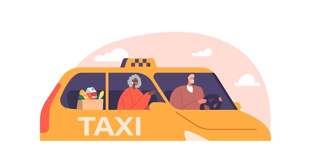 Old Lady Or Granny With Grocery Bag Using Taxi Automobile Service Driver And Elderly Woman Characters Sit In Front Seat