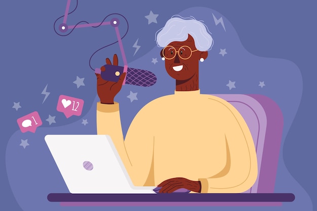 Old lady playing video games elderly gamer with laptop and headphones smiling Concept illustration