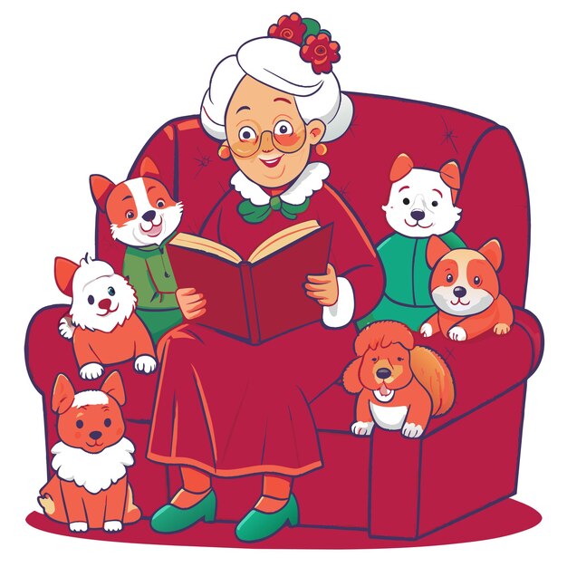 Vector an old lady reading a book with dogs and a book titled quot the lady quot