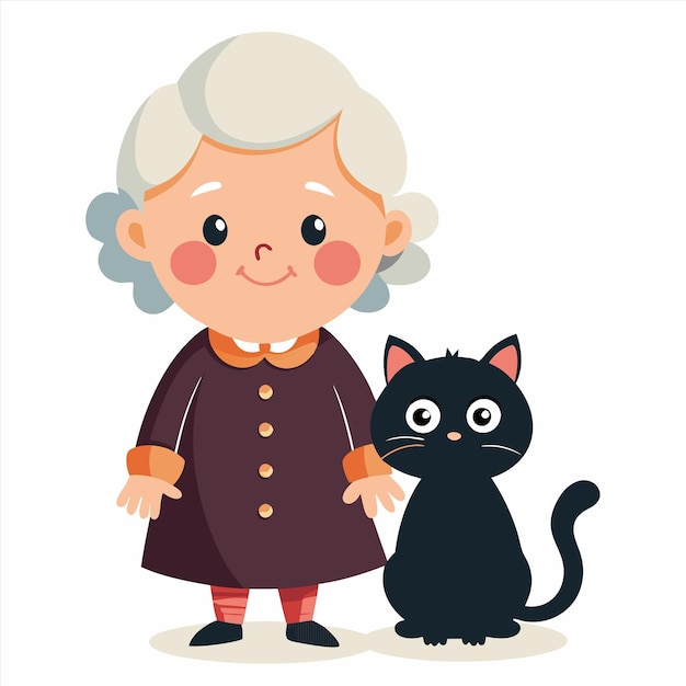 Vector an old lady with a black cat and a black cat