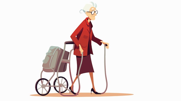 Vector an old lady with a walker and a bag of luggage