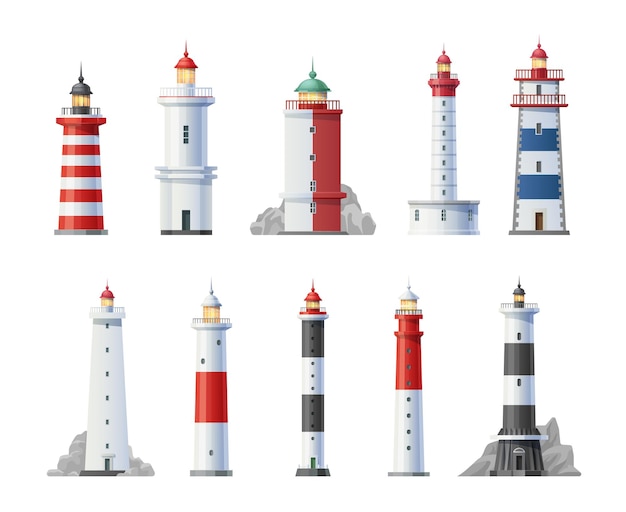 Old lighthouses towers buildings cartoon set