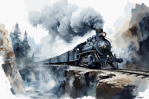 Old locomotive Digital paintings landscape on vector