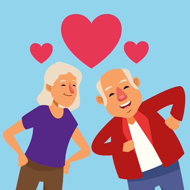 Old lovers couple dancing with hearts active seniors characters.