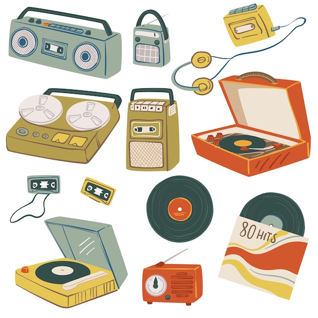 Old magnetophones and tape recorders vintage gadgets vector