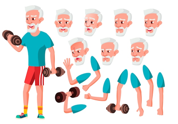 Old man character. European. Creation constructor for animation. Face emotions, hands.