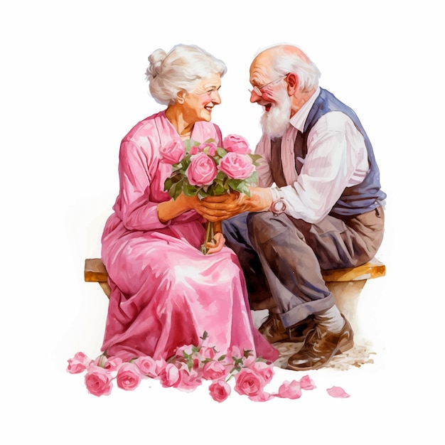 Vector an old man giving a rose to his wife watercolor paint