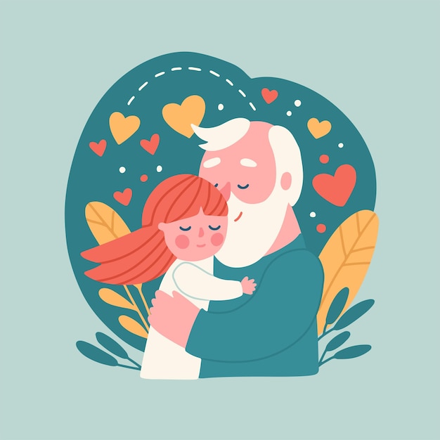 Old man grandfather hugs a girl his granddaughter best grandpa ever card concept vector flat hand dr