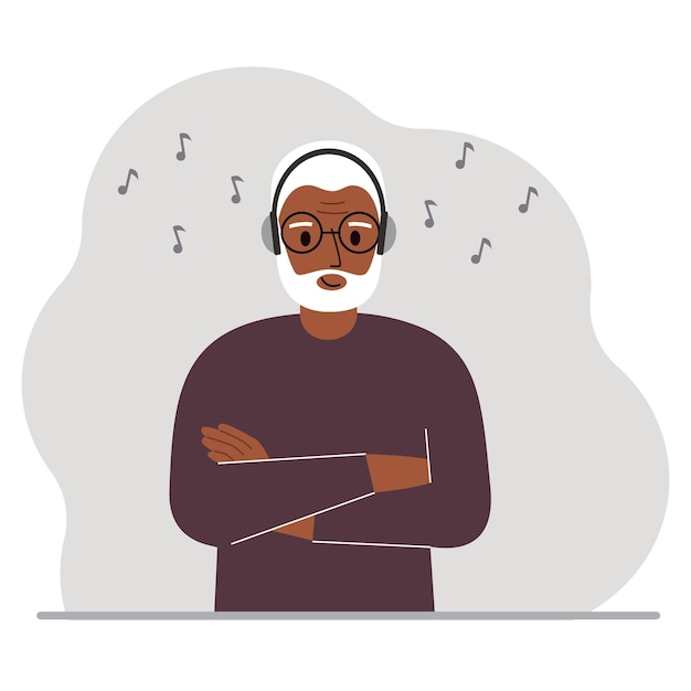 A old man in headphones listens to music Podcast and hobby concept Character for decor design and print Vector flat illustration