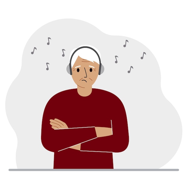 A old man in headphones listens to music Podcast and hobby concept Character for decor design and print