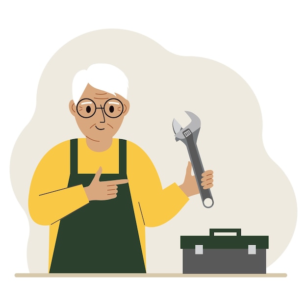 Vector a old man holds an adjustable wrench in his hand and a tool box next to it the concept of technical repair or service