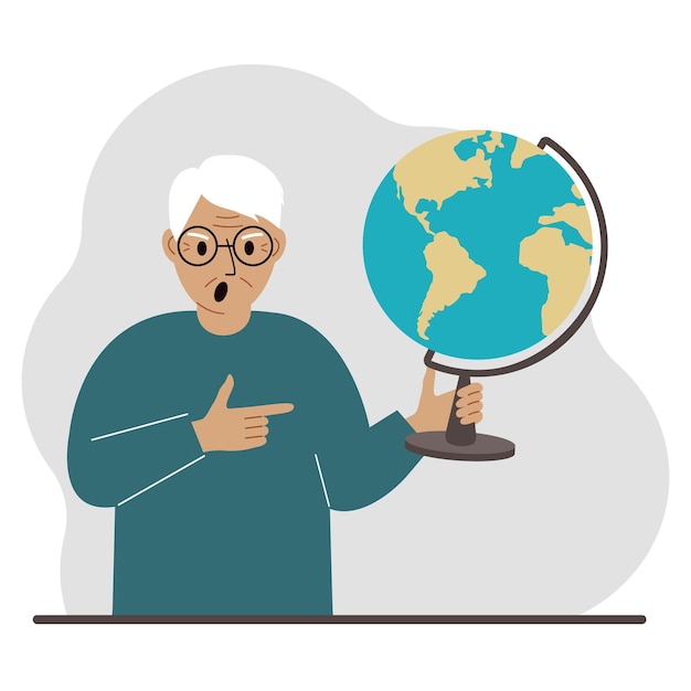 A old man holds a globe in his hand and points his finger at it The concept of education teacher world conquest ecology Vector flat illustration